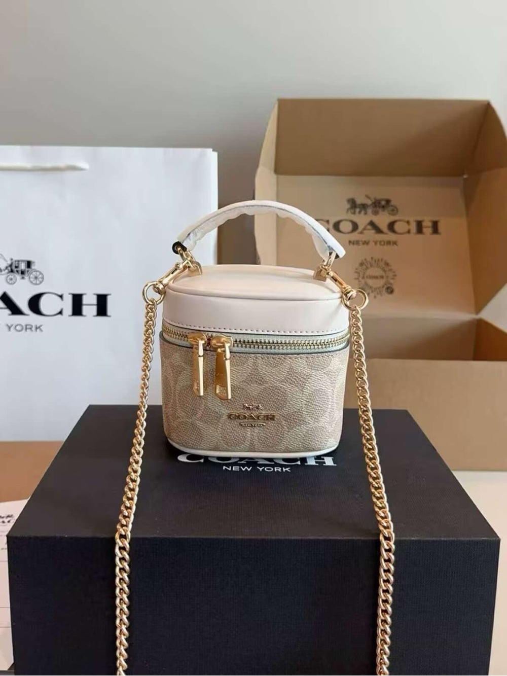 Coach Beige Signature Mini Vanity Bag with Cream Top and Gold Chain Strap
